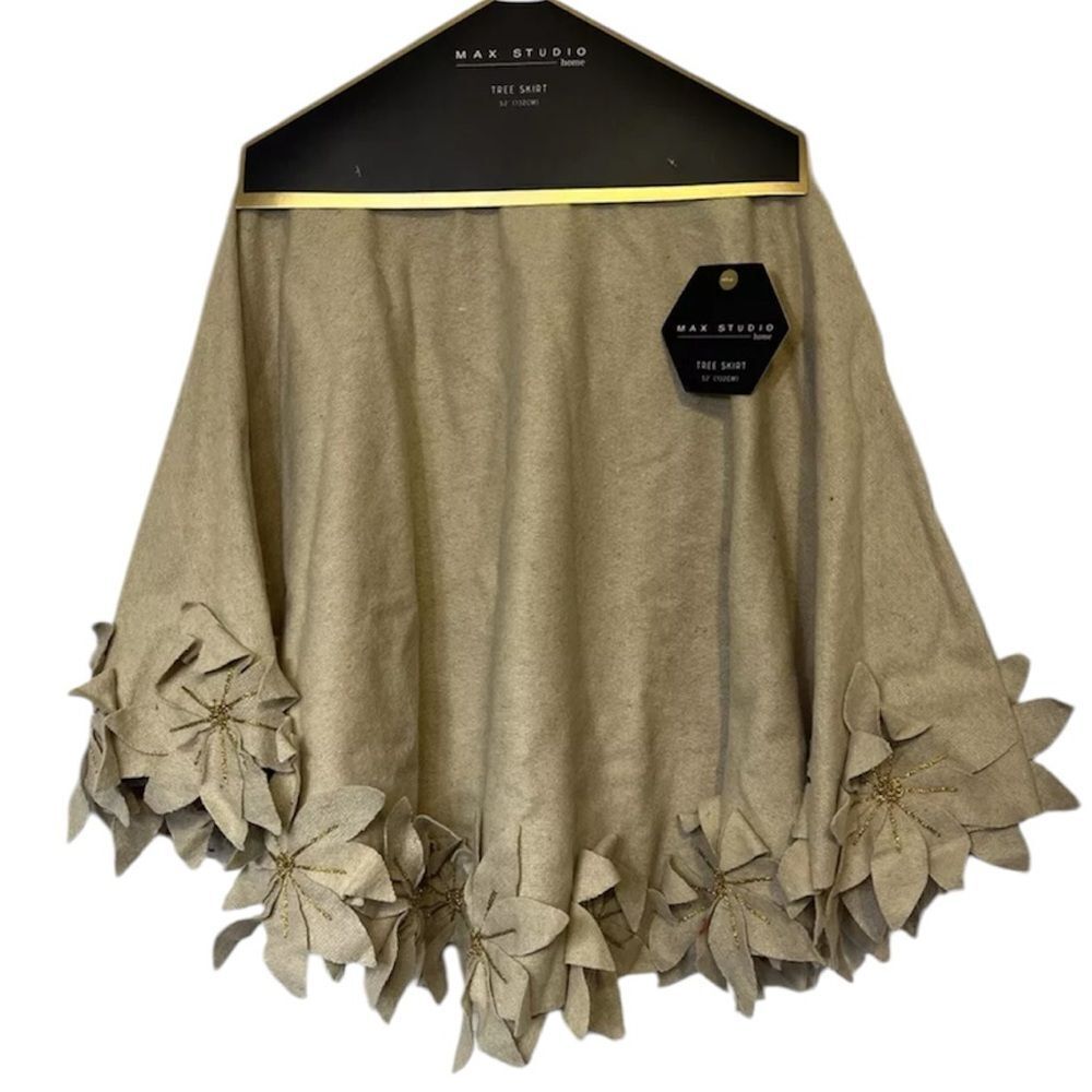 Christmas Tree Skirt Beige & Gold Poinsettias‎ Wool By MAX STUDIO Home 52" New